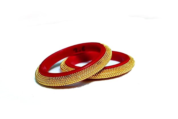 Traditional Indian Red Bangle Set with Golden Beads Embellishment (Set of 1)