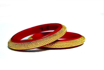 Traditional Indian Red Bangle Set with Golden Beads Embellishment (Set of 1)