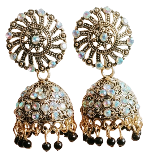 Gold-Tone Jhumka Earrings with Beads & Sparkling Stones