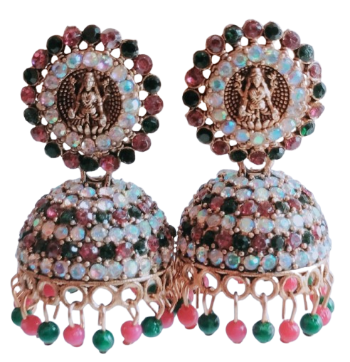 Goddess Lakshmi Multicolor Stone Jhumka Earrings with Pink & Green Beads