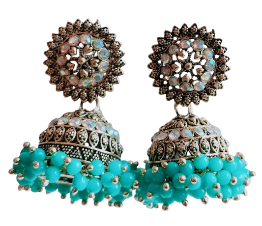 Antique Silver-Plated Jhumka Earrings with Turquoise Beads & Mirror Stones