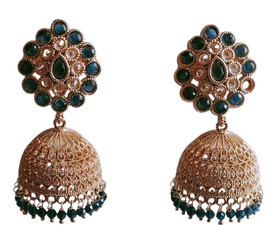 Gold-Plated Filigree Jhumka Earrings with Green Stone Detailing