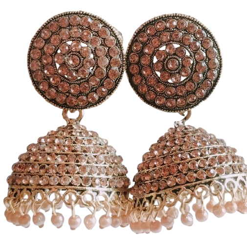 Pink Stone Studded Jhumka Earrings with Pearl Beads