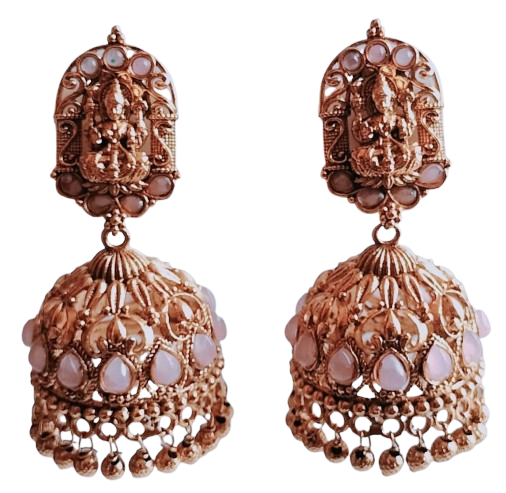 Gold-Plated Temple Design Jhumka Earrings with Pink Stones