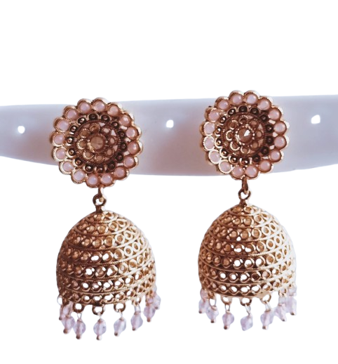 Gold Filigree Jhumka Earrings with Pink Beads