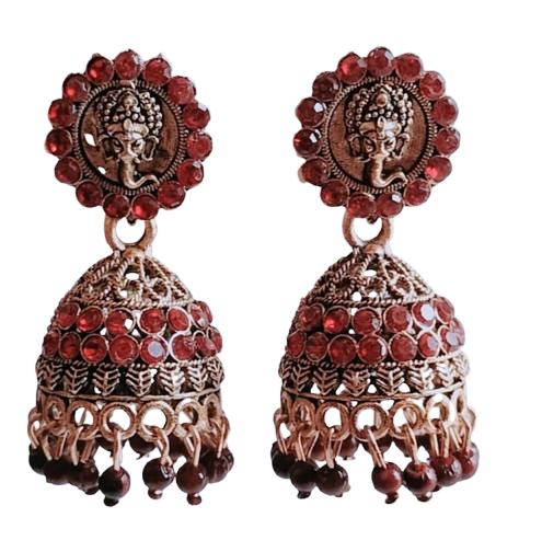 Antique Gold Finish Jhumka Earrings with Red Stone Detail and Ganesha Motif