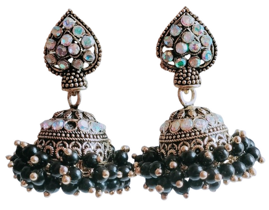 Oxidized Silver Jhumka Earrings with Black Beading and Studded Detail