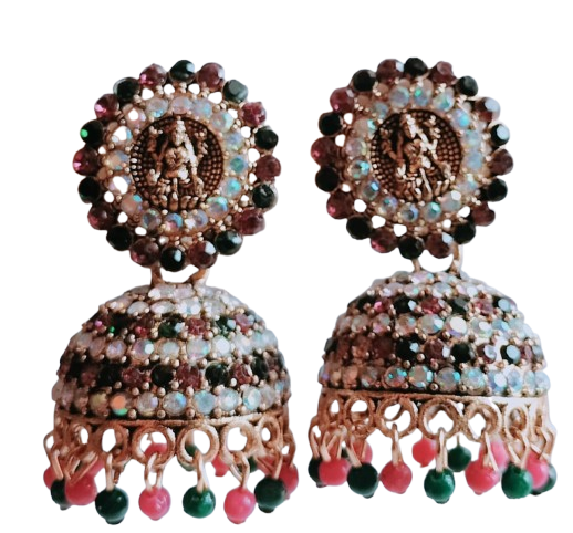 Antique Gold Finish Jhumka Earrings with Multicolor Stones and Lakshmi Motif