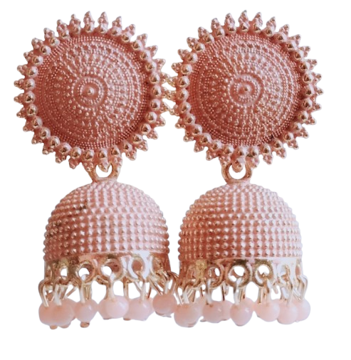 Rose Gold Finish Jhumka Earrings with Textured Design and Pearl Drops