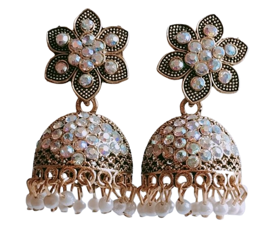 Gold-Tone Floral Jhumka Earrings with White Beads & Stones