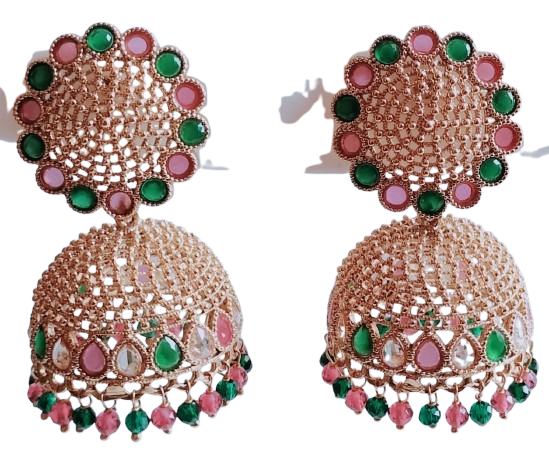 Rose Gold Finish Jhumka Earrings with Pink and Green Stone Detailing