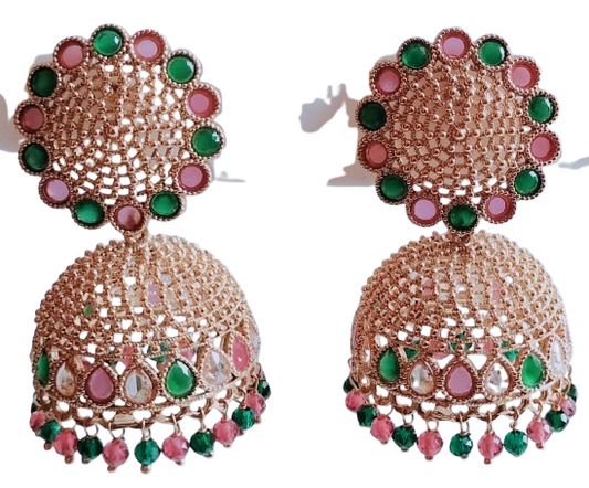 Rose Gold Finish Jhumka Earrings with Pink and Green Stone Detailing