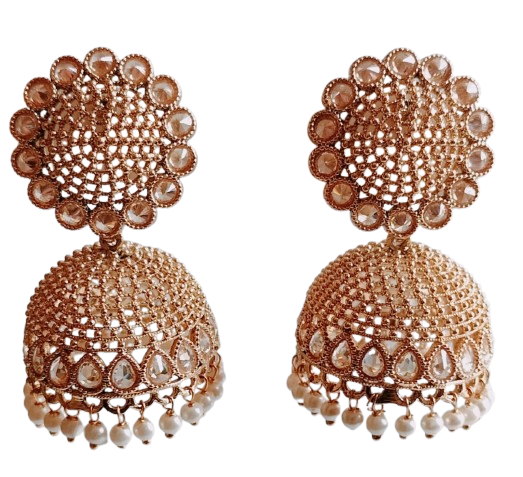 Antique Gold Finish Jhumka Earrings with Kundan and Pearl Detailing