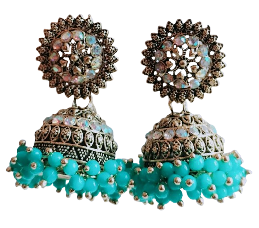 Oxidized Silver Jhumka Earrings with Turquoise Bead Detailing