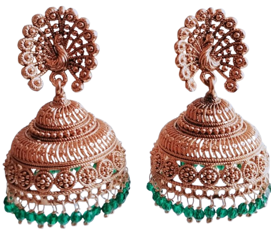 Antique Gold Finish Jhumka Earrings with Peacock Motif and Green Beading