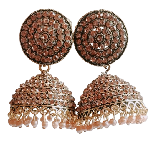 Antique Gold Finish Jhumka Earrings with Peach Stone and Pearl Detailing