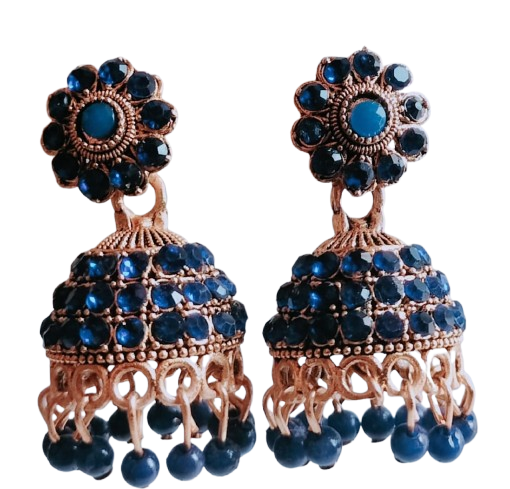 Antique Gold Finish Jhumka Earrings with Blue Stone Detailing