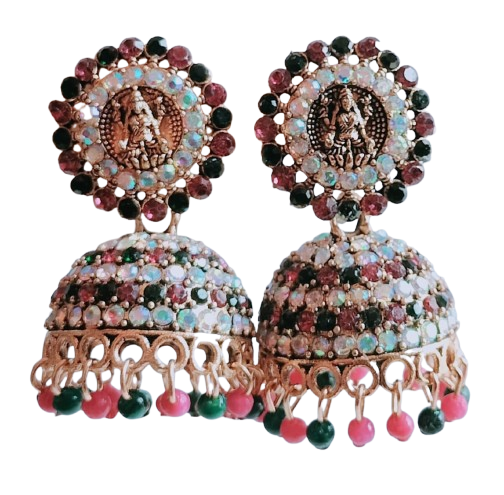 Antique Gold Finish Jhumka Earrings with Multicolor Stones, Lakshmi Motif, and Beaded Drops