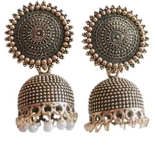 Antique Silver Finish Jhumka Earrings with Textured Design and Pearl Drops