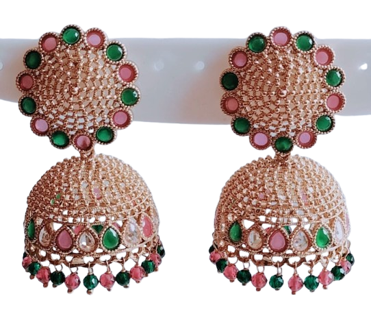 Rose Gold Finish Jhumka Earrings with Pink and Green Stone Detailing