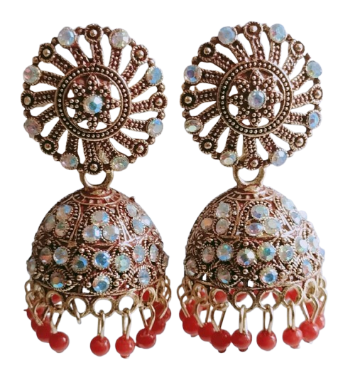 Antique Gold Finish Jhumka Earrings with Sunburst Motif and Red Stone Detailing