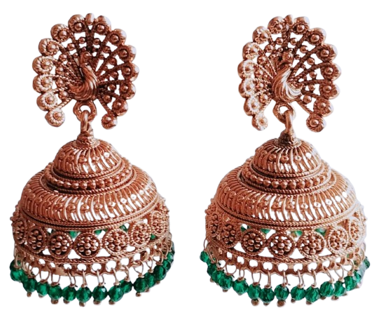 Antique Gold-Tone Peacock Jhumka Earrings with Green Beads