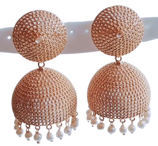 Rose Gold Finish Jhumka Earrings with Textured Design and Pearl Drops