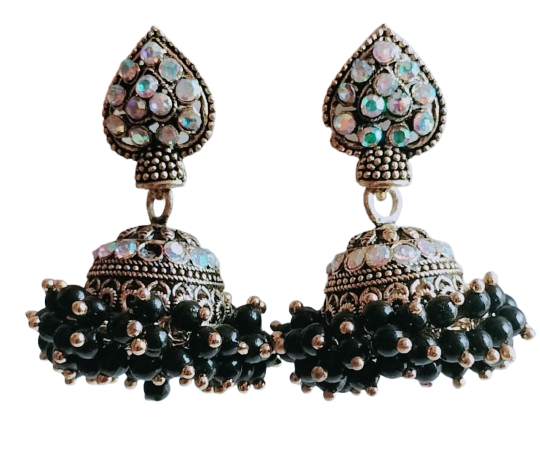 Oxidized Silver Jhumka Earrings with Black Beading and Studded Detail