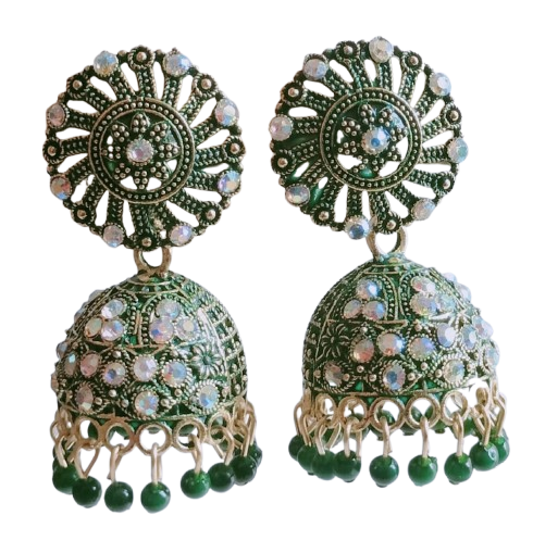 Green & Gold-Tone Jhumka Earrings with Sparkling Stones and Green Beads