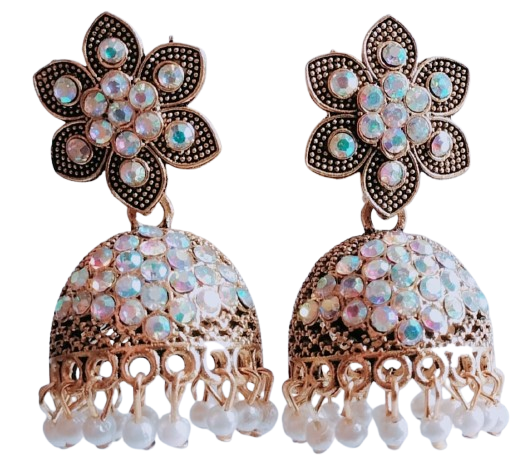 Floral Gold-Tone Jhumka Earrings with White Beads & Sparkling Stones