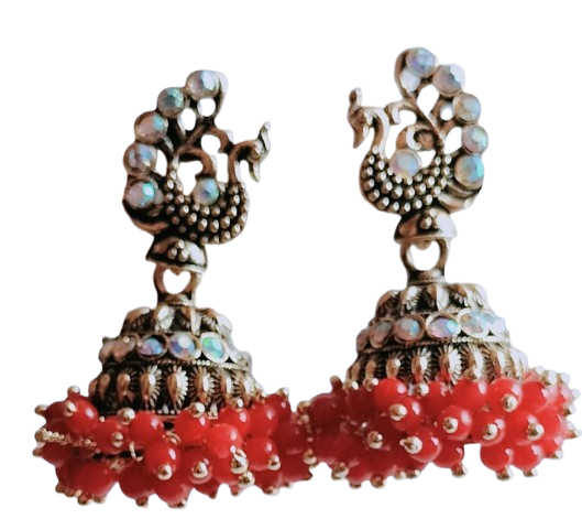 Goddess Lakshmi Jhumka Earrings with Multicolor Stones & Beaded Drops