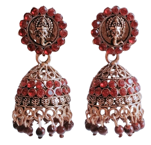 Lord Ganesha Antique Red Stone Jhumka Earrings with Beaded Drops