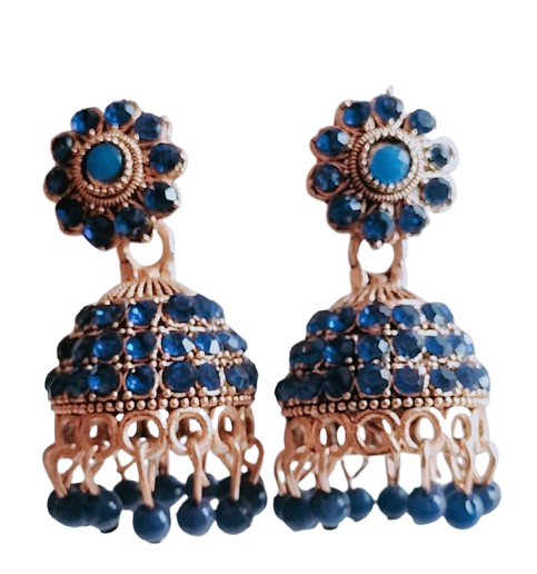 Royal Blue Stone Floral Jhumka Earrings with Beaded Dangles