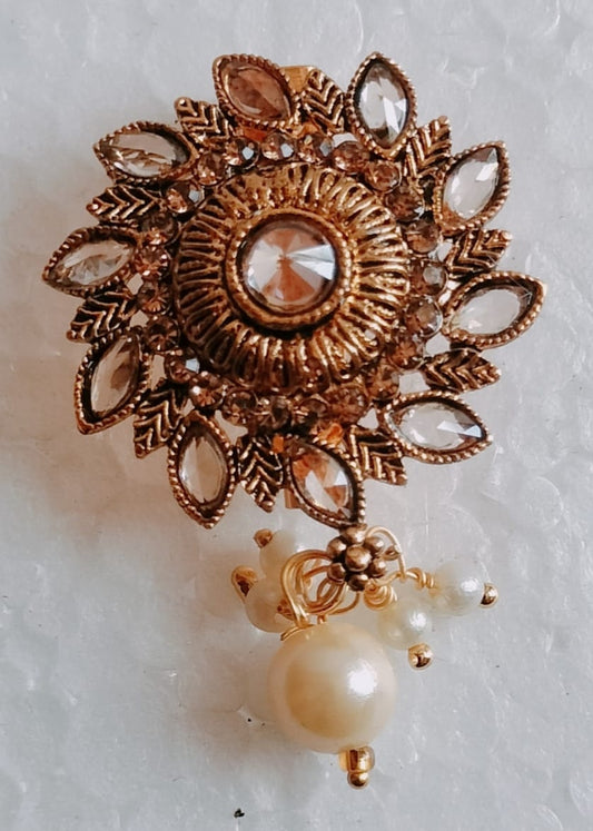 Antique Gold Tone Floral Earrings with Crystal Accents and Pearl Drop