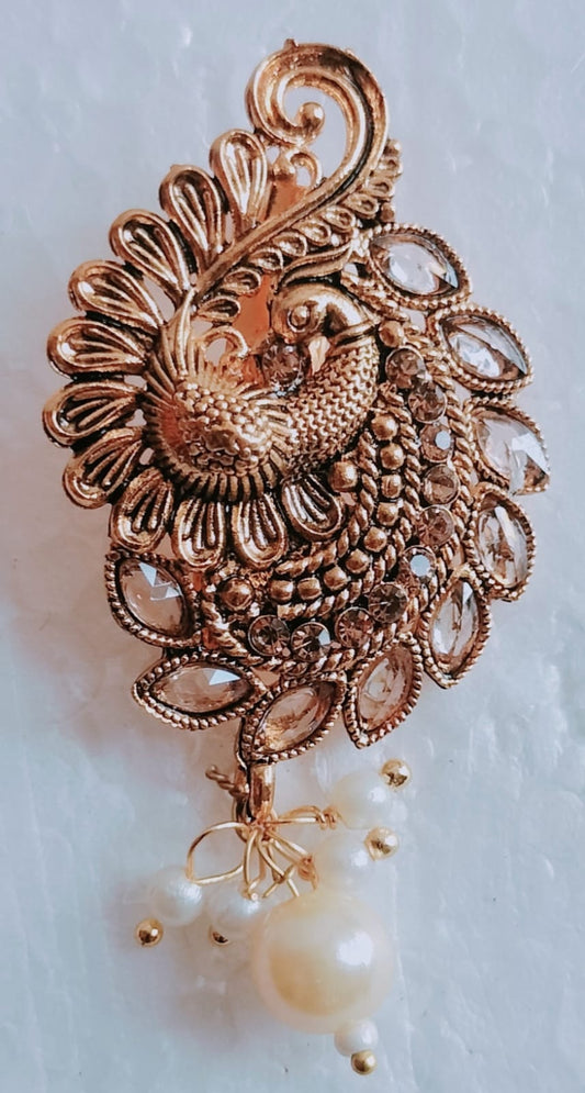 Antique Gold Tone Peacock Earrings with Crystal Accents and Pearl Drop