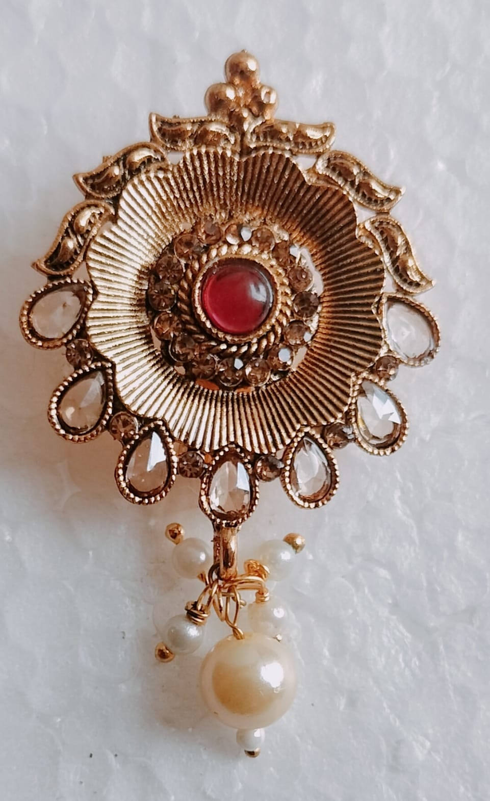 Antique Gold Tone Floral Earrings with Red Stone Accent, Crystal Details, and Pearl Drop