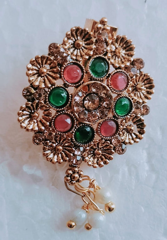 Antique Gold Tone Floral Hair Clip with Colorful Stone Accents, Crystal Details, and Pearl Drop