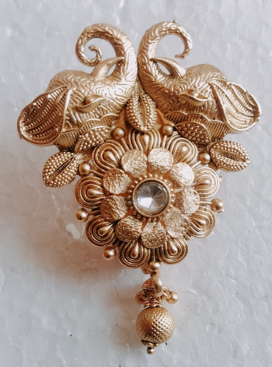 Antique Gold Tone Peacock & Floral Brooch with Crystal Accent and Jhumka Bell