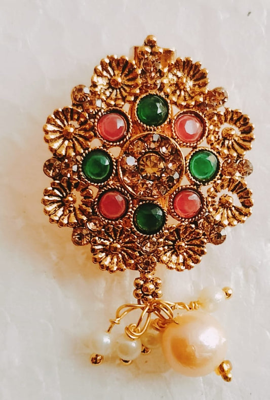 Antique Gold Tone Floral Brooch with Colorful Stone Accents, Crystal Details, and Pearl Drop