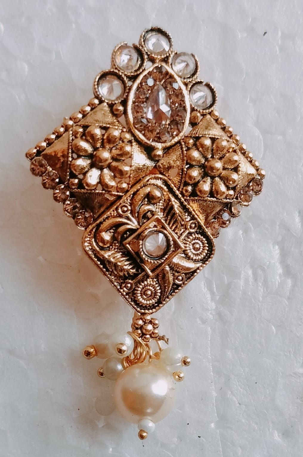 Antique Gold Tone Geometric Brooch with Crystal Accents and Pearl Drop