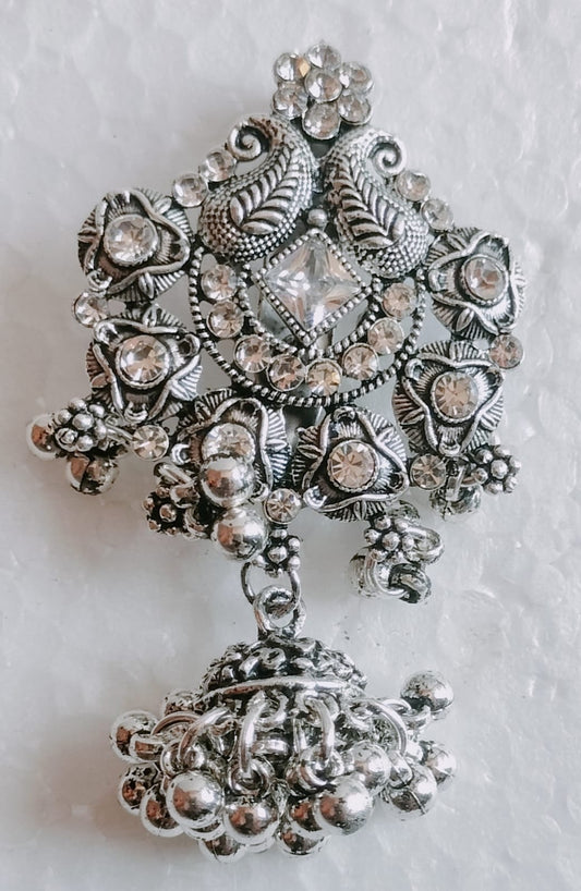 Antique Silver Tone Paisley & Floral Brooch with Crystal Accents and Jhumka Bell