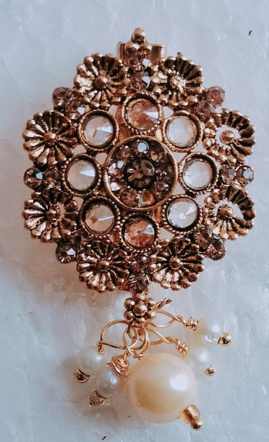 Antique Gold Tone Floral Brooch/Pendant with Crystal Accents and Pearl Drop