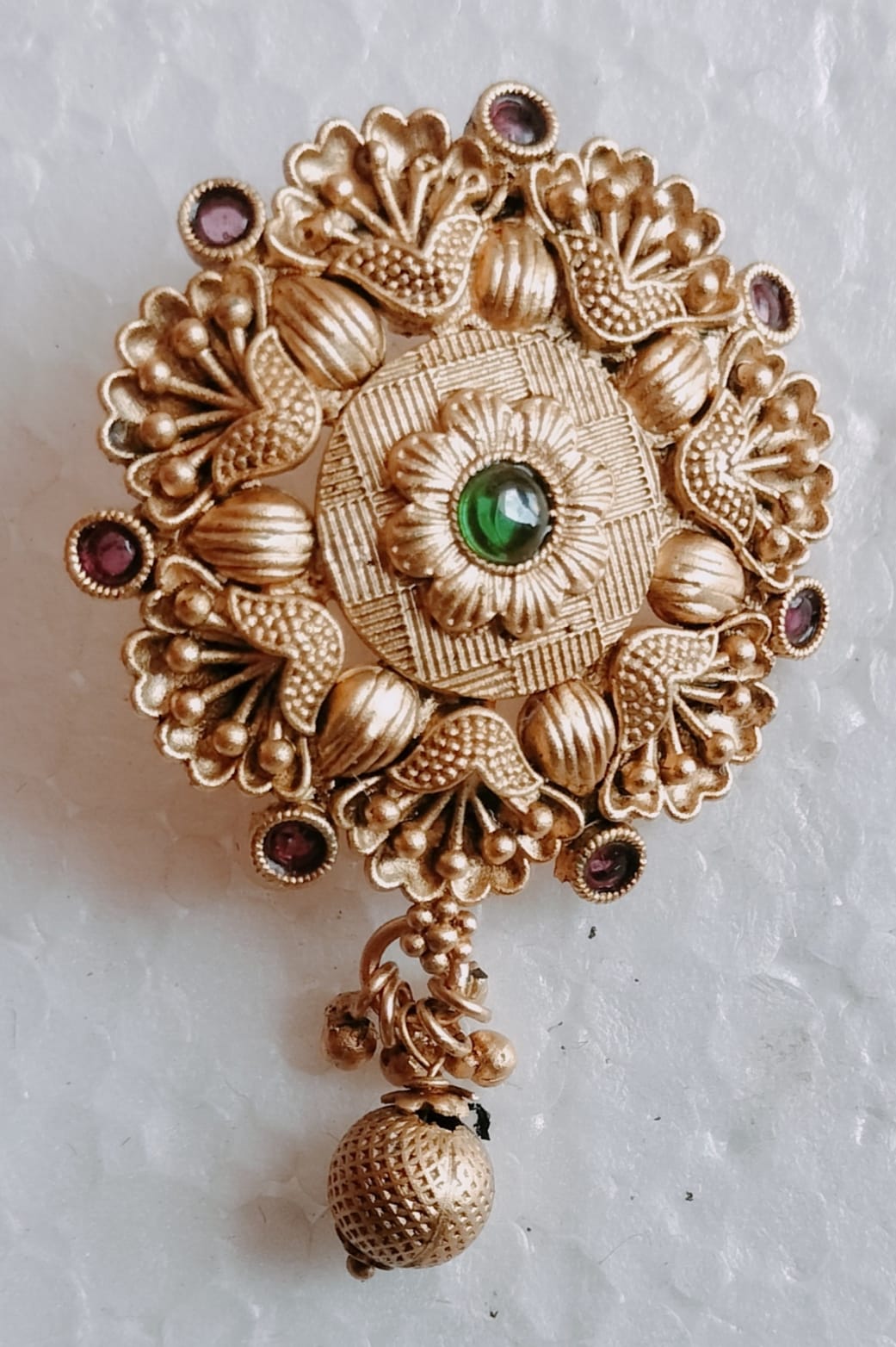 Antique Gold Tone Floral Brooch/Pendant with Green Stone Accent and Jhumka Bell