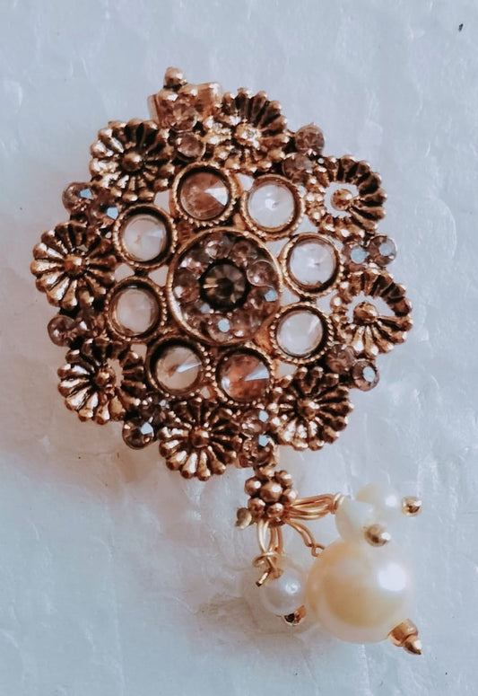 Antique Gold Tone Floral Brooch/Pendant with Crystal Accents and Pearl Drop