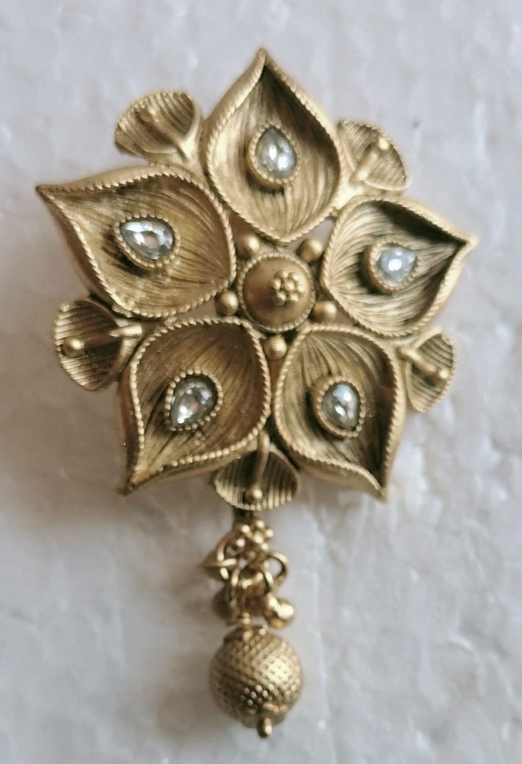 Antique Gold Tone Floral Brooch/Pendant with Crystal Accents and Jhumka Bell