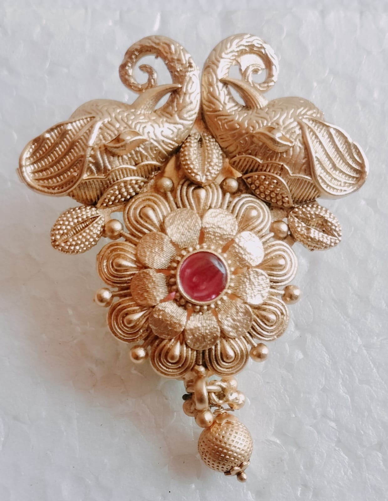 Antique Gold Tone Peacock & Floral Motif Earrings with Red Stone Accent and Jhumka Bell