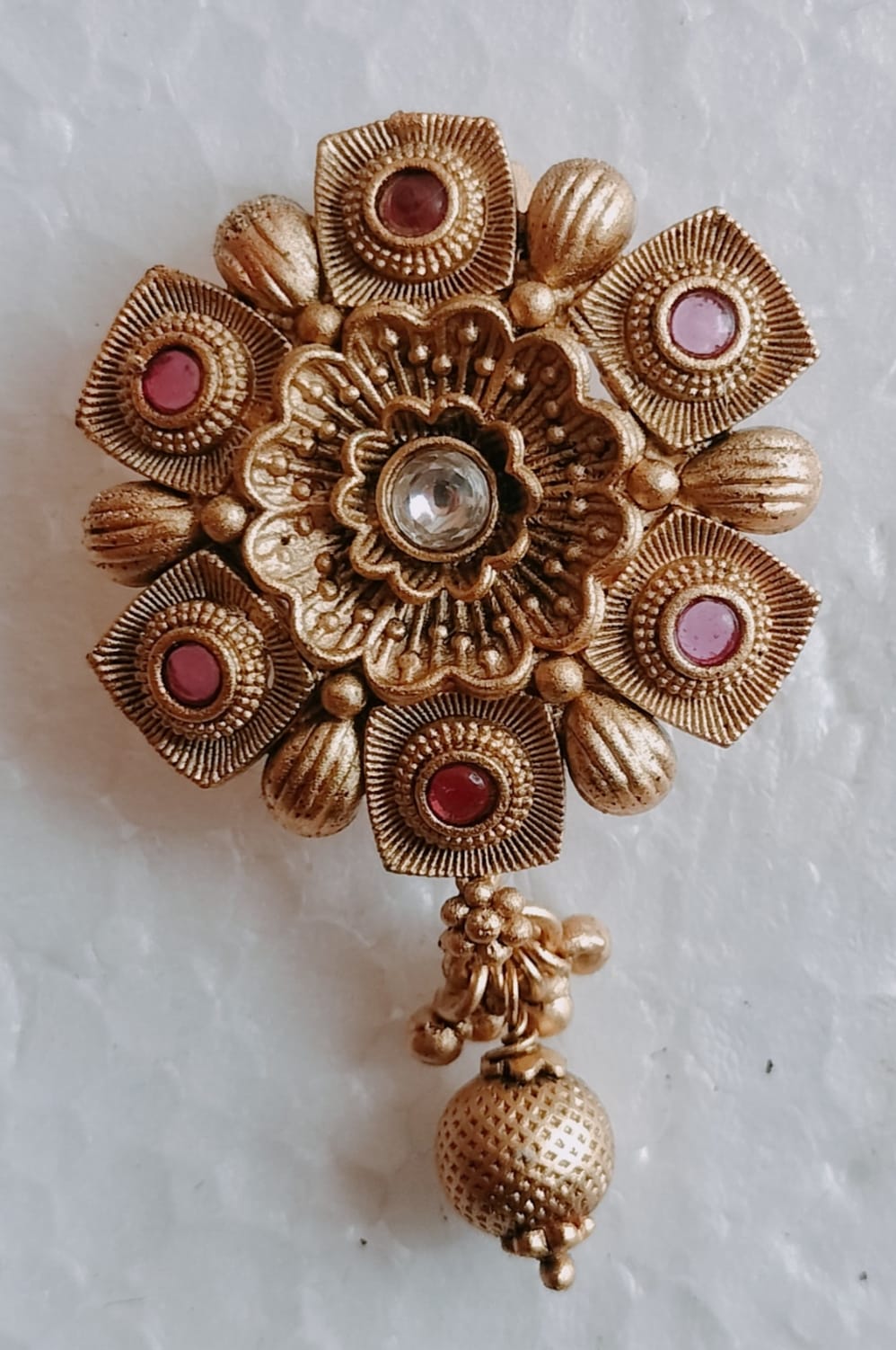 Antique Gold Tone Floral Motif Earrings with Pink and Clear Crystal Accents and Jhumka Drop