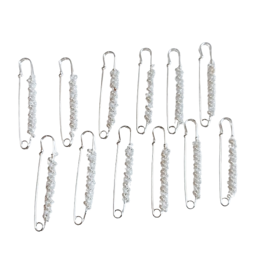 Shree Aadishakti 24 Silver With White Beaded Safety Pins (Set of 12)