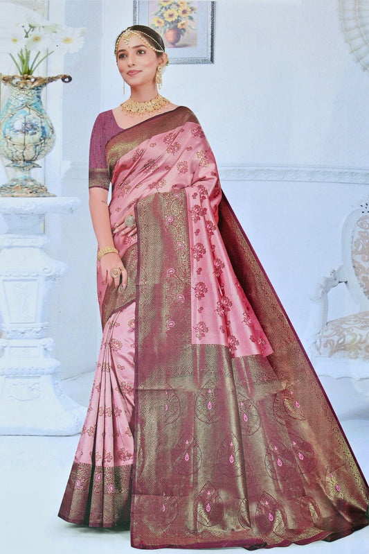 Elegant Pink and Maroon Banarasi Silk Saree with Zari Work