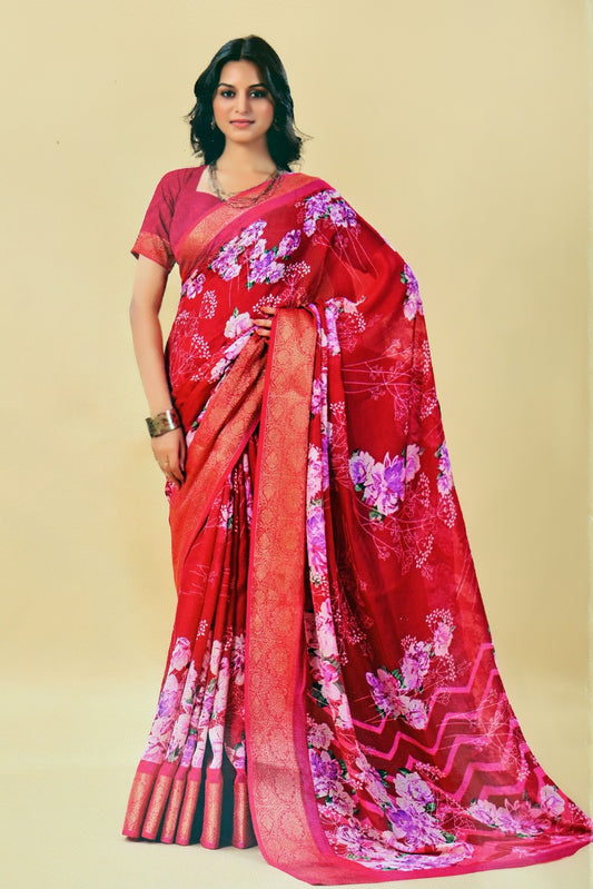 Red Floral Designer Saree with Ornate Border and Matching Blouse